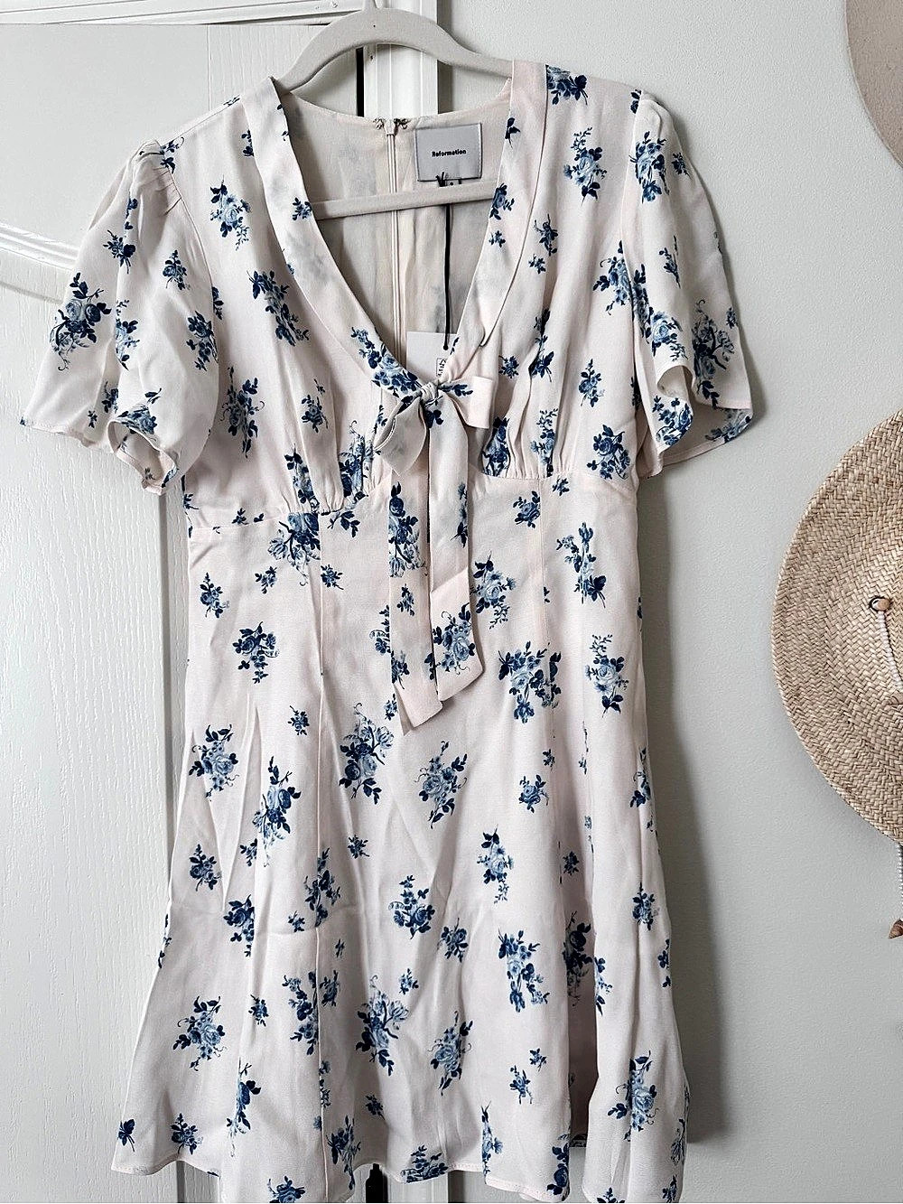 Reformation Tyra Mini Dress Floral White & Blue Size 6